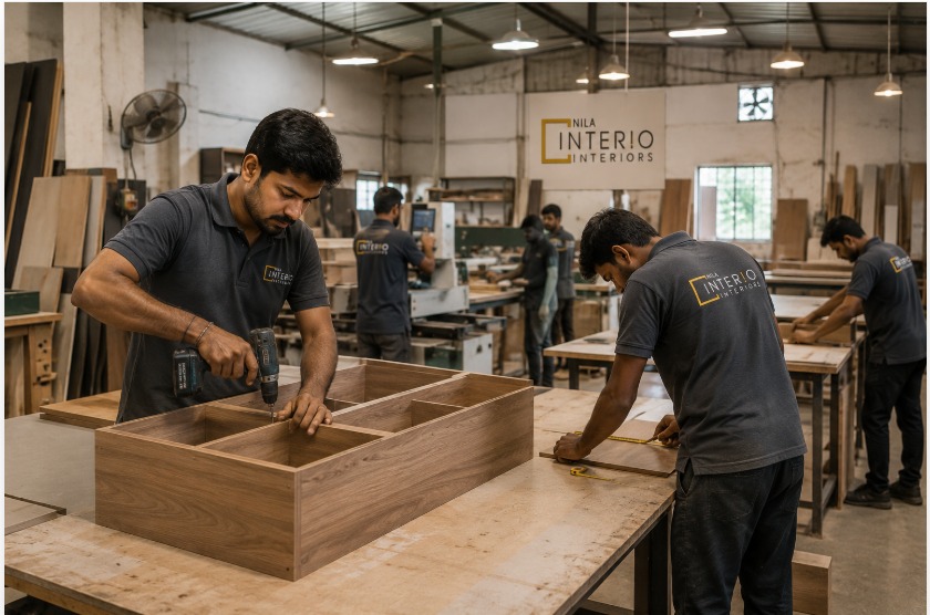 The in-house production team fabricating custom furniture for a Kottayam project.