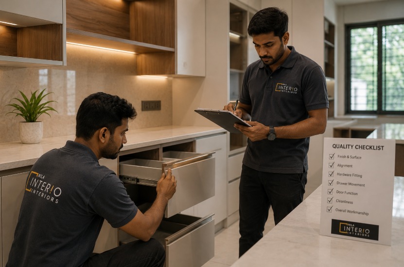 Interio Interiors quality control team inspecting finished cabinetry before handover in Kottayam