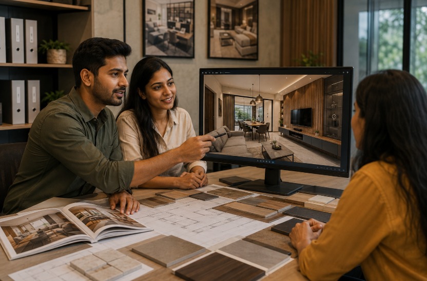 The design consultation team meeting with a client at the start of a project in Kottayam.